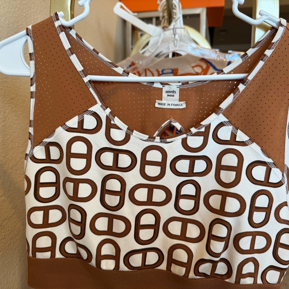 Hermes Brown and White Graphic Top